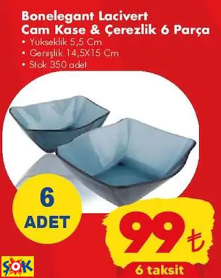 BONELEGANT LACİVERT CAM KASE & ÇEREZLİK 6 PARÇA